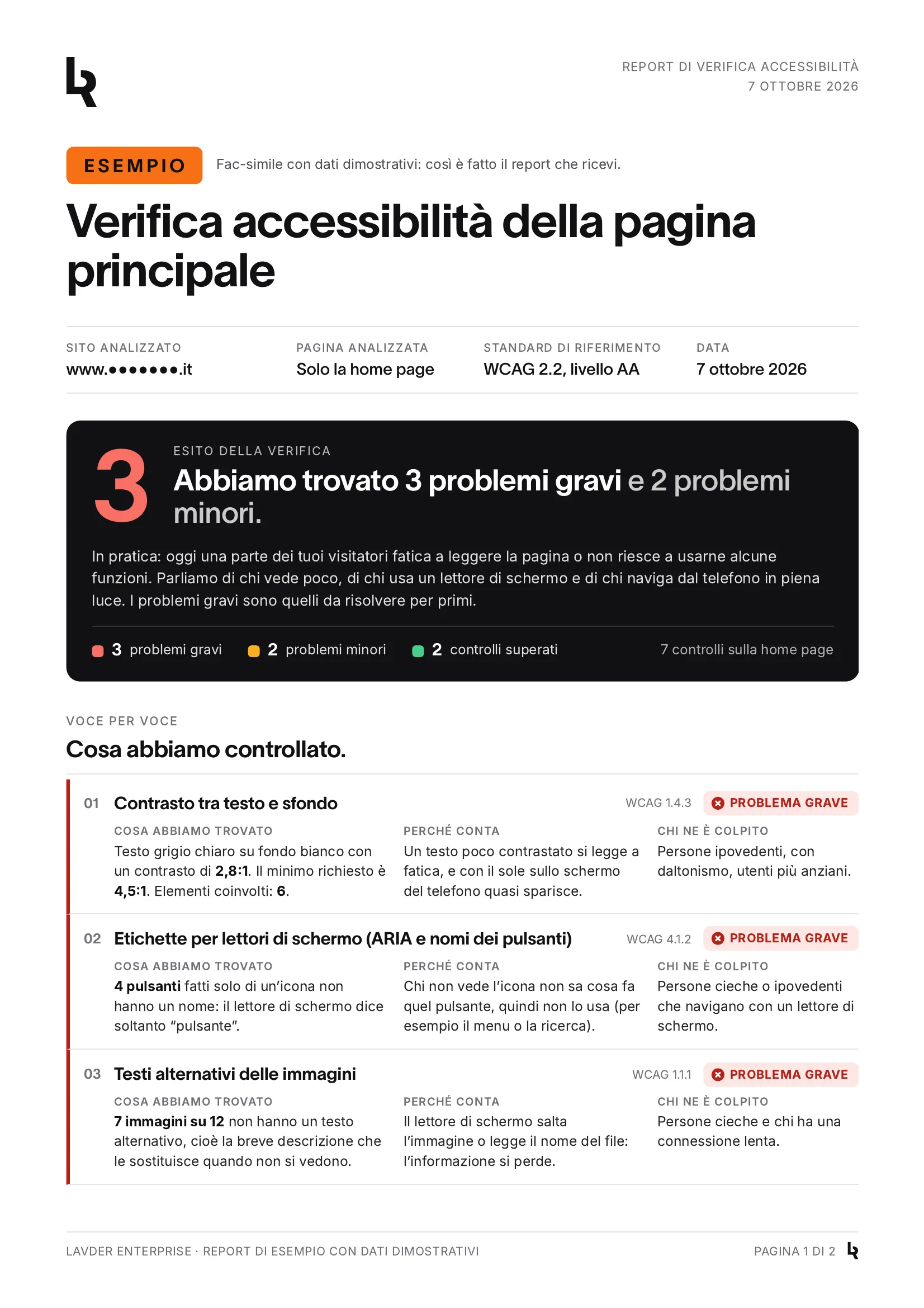 First page of a sample LAVDER report: home page accessibility check, 3 serious issues and 2 minor ones