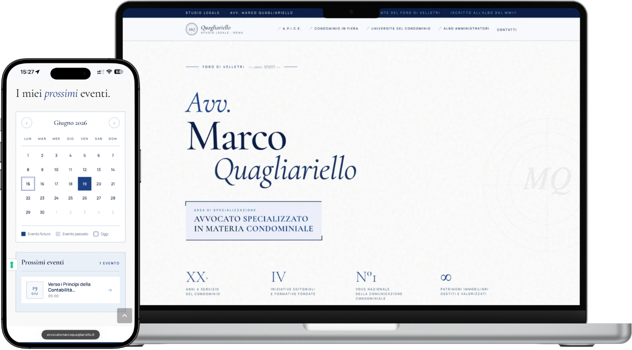 Mockup of attorney Marco Quagliariello’s institutional website with events calendar