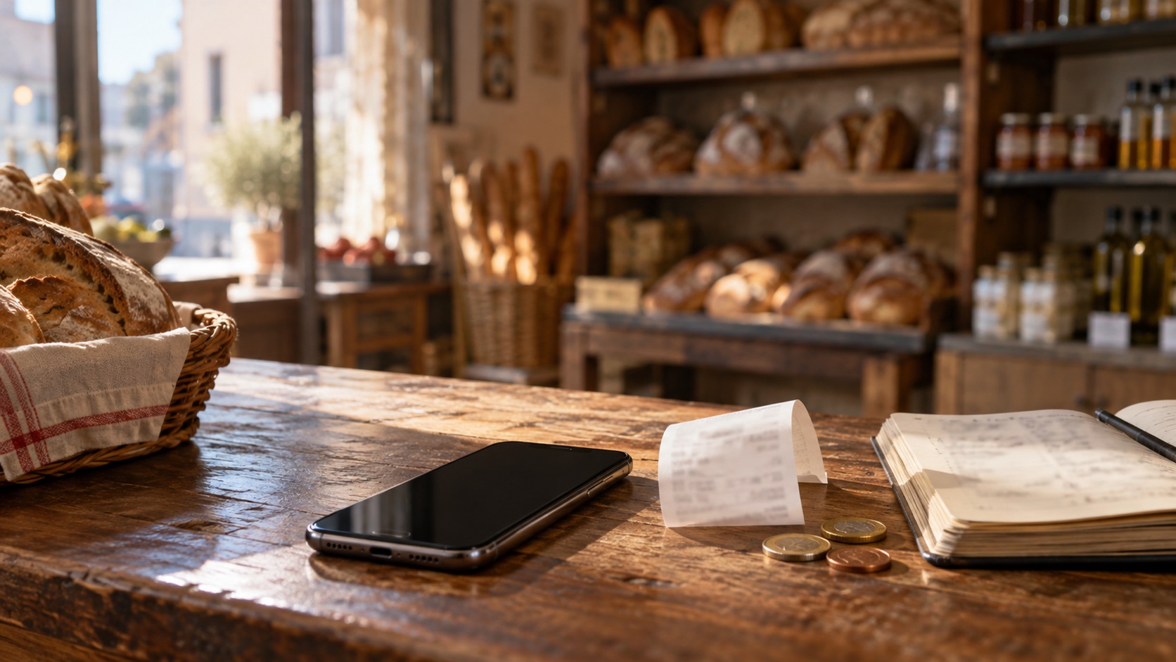 Smartphone resting on the wooden counter of a bakery, next to a receipt, a few coins and an account book