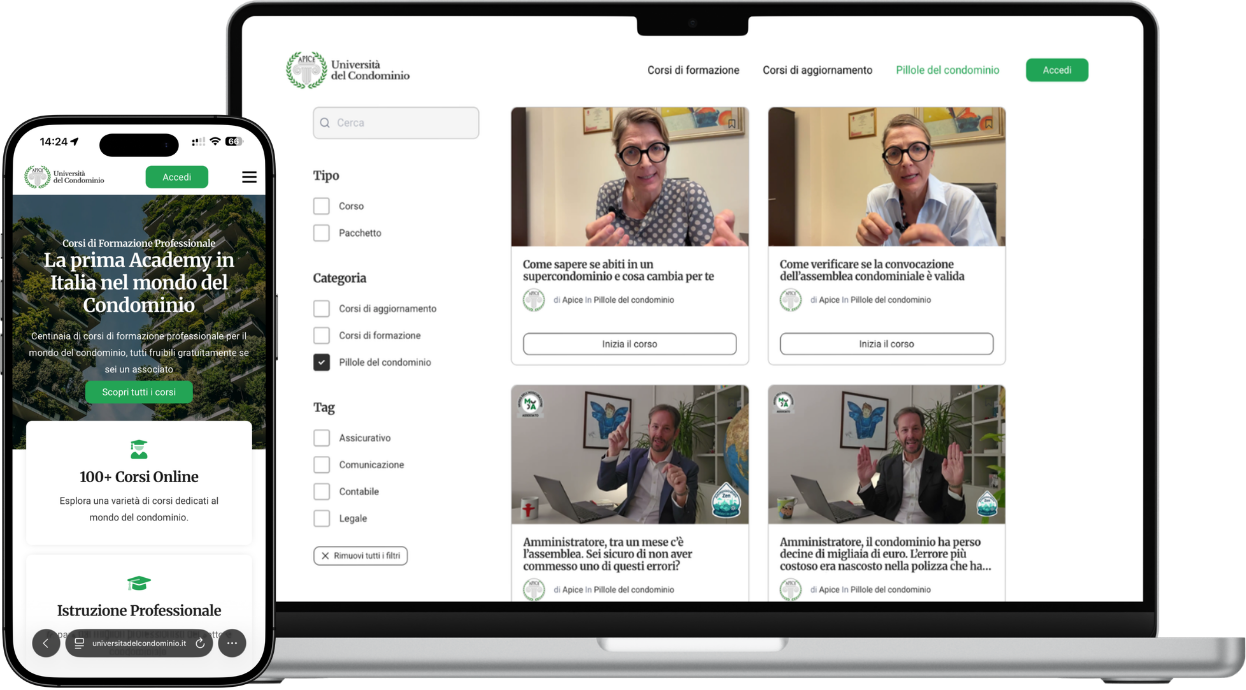 Università del Condominio: the website on desktop and mobile
